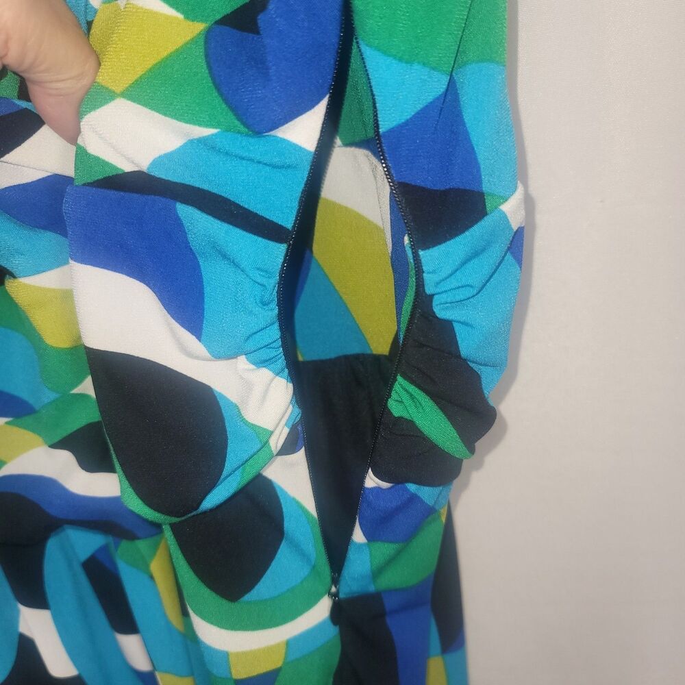 Chaus New York Geometric Faux Wrap Dress Large Blue Green 3/4 Sleeve Lined - Picture 4 of 10